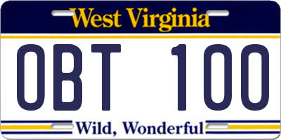 WV license plate OBT100