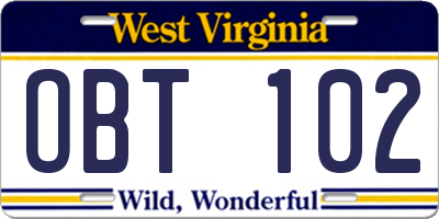 WV license plate OBT102
