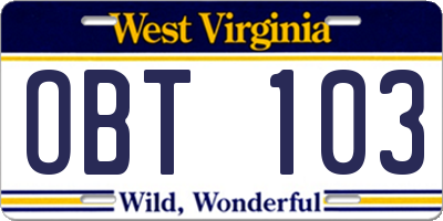 WV license plate OBT103