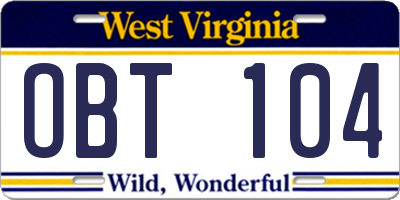 WV license plate OBT104