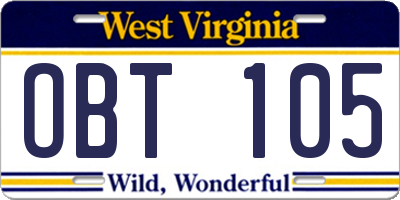WV license plate OBT105