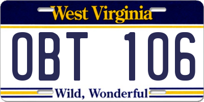 WV license plate OBT106