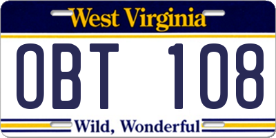 WV license plate OBT108