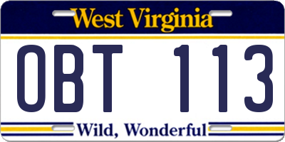 WV license plate OBT113