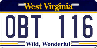 WV license plate OBT116