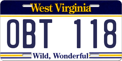 WV license plate OBT118
