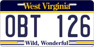 WV license plate OBT126