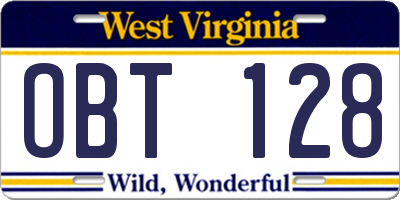 WV license plate OBT128