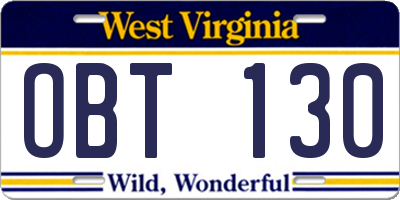 WV license plate OBT130