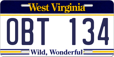 WV license plate OBT134