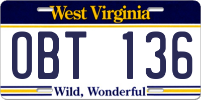 WV license plate OBT136