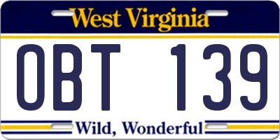 WV license plate OBT139