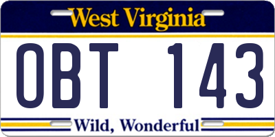 WV license plate OBT143