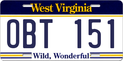 WV license plate OBT151