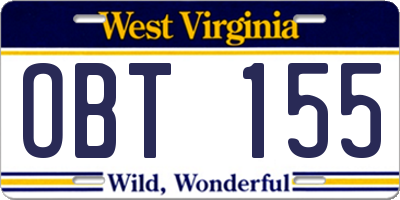 WV license plate OBT155