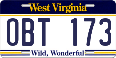 WV license plate OBT173