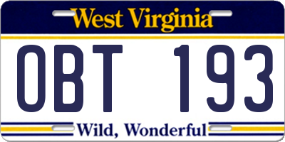 WV license plate OBT193