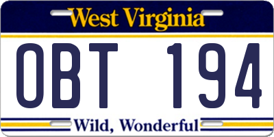 WV license plate OBT194