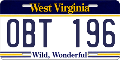 WV license plate OBT196
