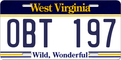 WV license plate OBT197