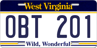WV license plate OBT201
