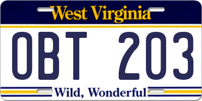 WV license plate OBT203