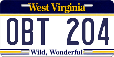 WV license plate OBT204