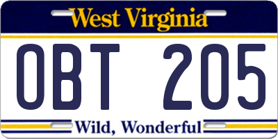 WV license plate OBT205