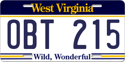 WV license plate OBT215