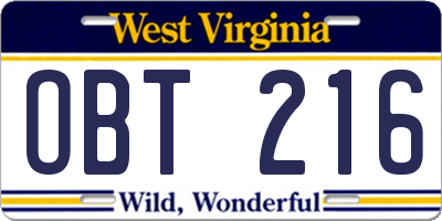 WV license plate OBT216