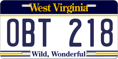 WV license plate OBT218