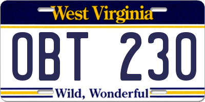 WV license plate OBT230