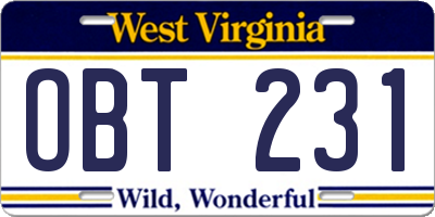 WV license plate OBT231