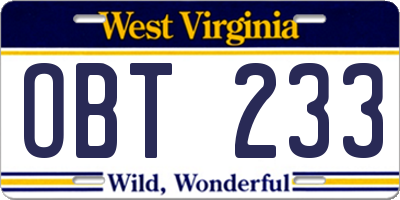 WV license plate OBT233