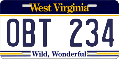 WV license plate OBT234