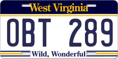 WV license plate OBT289