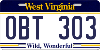 WV license plate OBT303