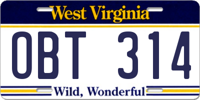WV license plate OBT314