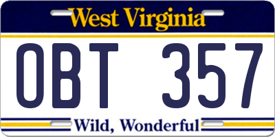 WV license plate OBT357