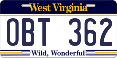 WV license plate OBT362