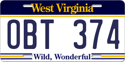 WV license plate OBT374