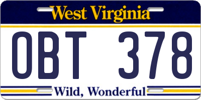 WV license plate OBT378