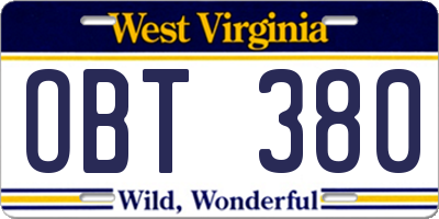 WV license plate OBT380