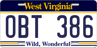WV license plate OBT386