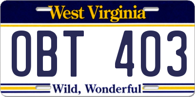 WV license plate OBT403