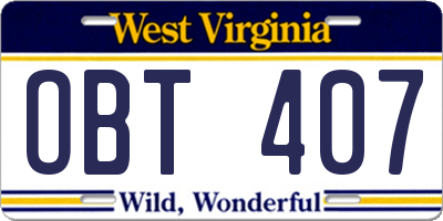 WV license plate OBT407