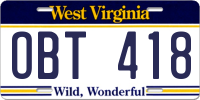 WV license plate OBT418