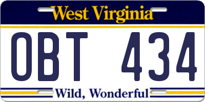WV license plate OBT434