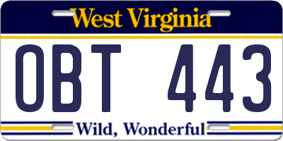 WV license plate OBT443