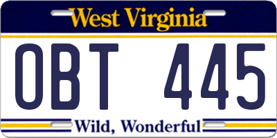 WV license plate OBT445